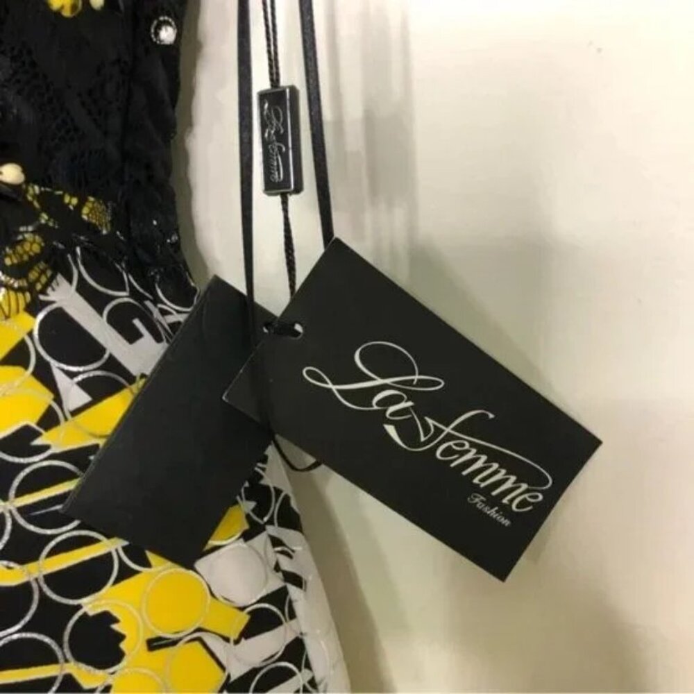 La Femme Beaded Halter Cocktail Dress - Black, White, & Yellow - Size: 0 --- NWT - Picture 7 of 9
